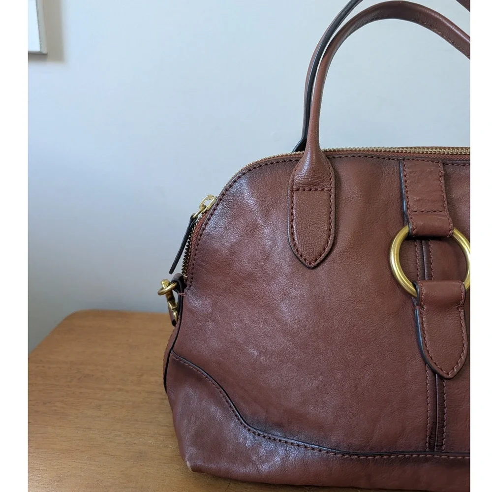 Frye Melissa Leather Satchel Cognac Brown Crossbody Bag Brass Ring Detail
